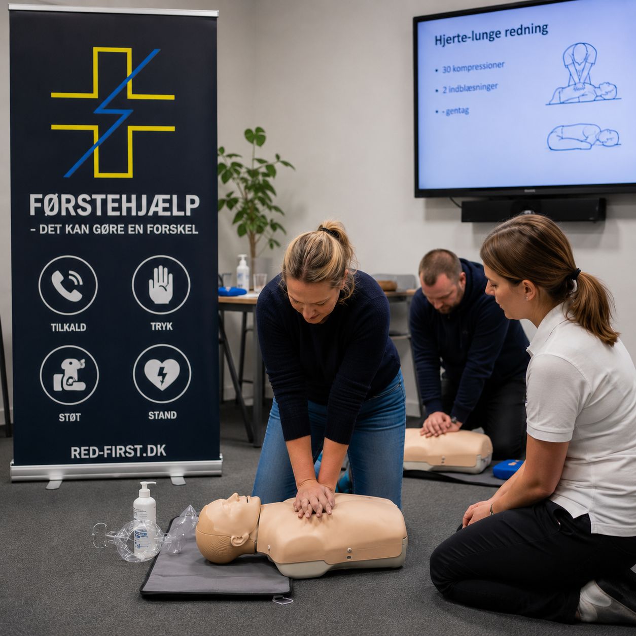 Kursister øver hjerte-lunge-redning på et Red Først-kursus