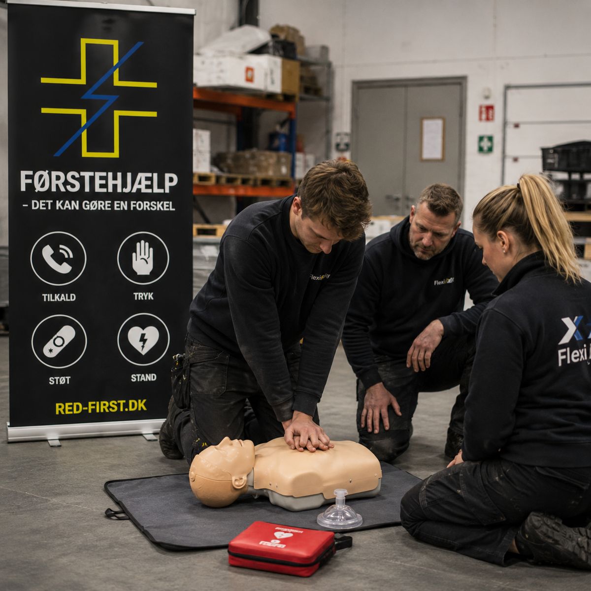 Medarbejdere øver førstehjælp på et erhvervskursus hos Red Først