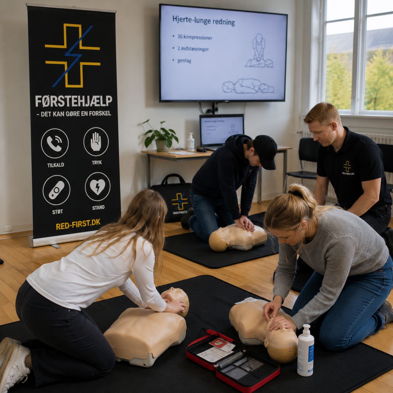 Kursister øver hjerte-lunge-redning på et Red Først-kursus